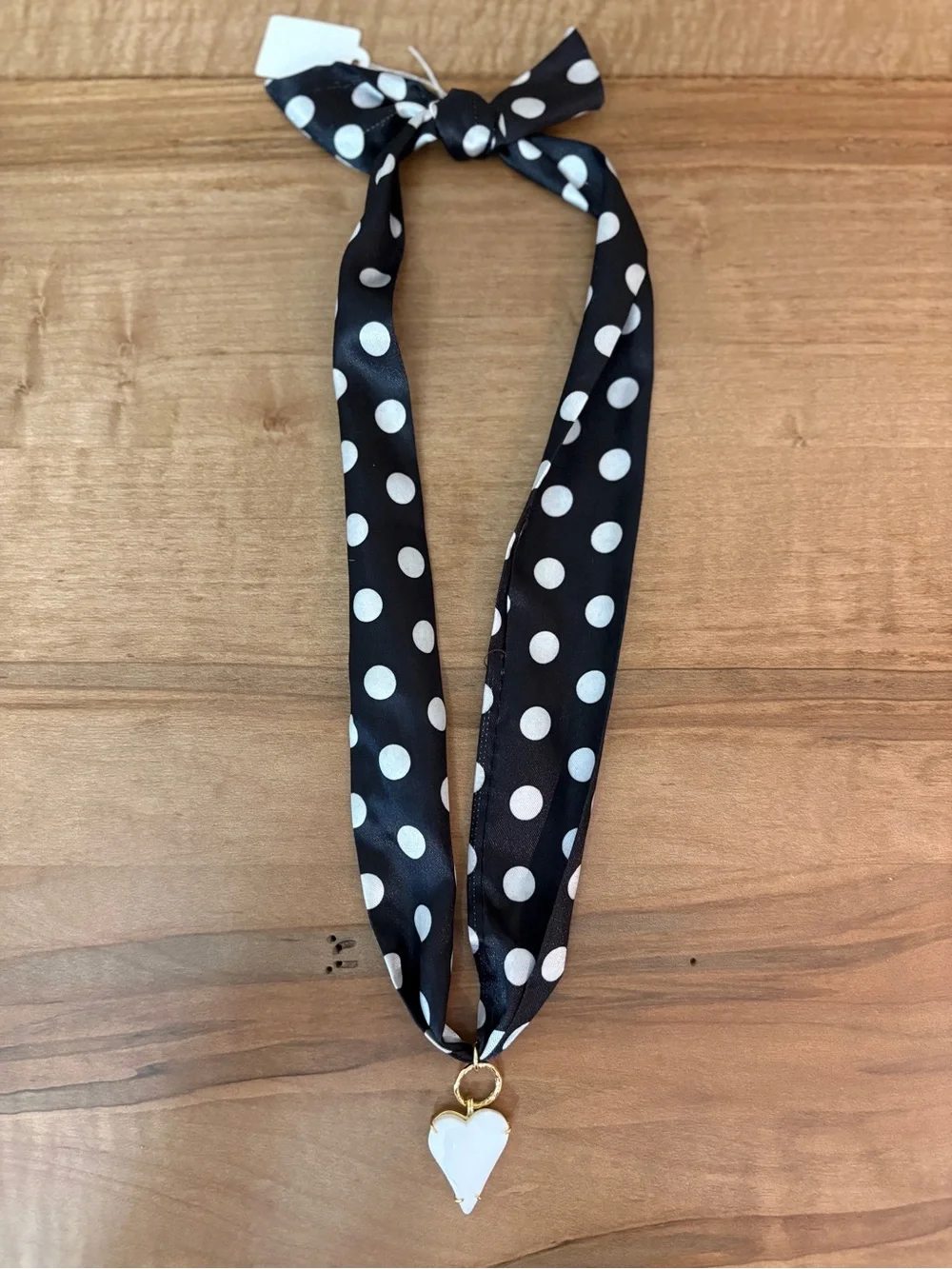 Polka Dot Black Scarf Necklace with White Heart Pendant